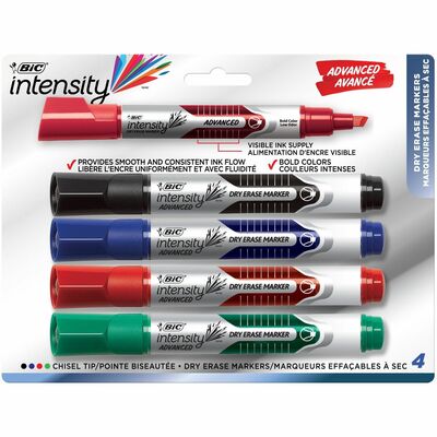 BIC Intensity Advanced Dry Erase Markers, Tank Style, Chisel Tip, Assorted colours, 4-Count Pack, Dry Erase Markers for College Supplies and School Supplies