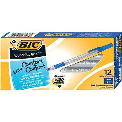 BIC Round Stic Grip Extra Comfort Blue Ballpoint Pens, Medium Point (1.2 mm), 12-Count Pack, Excellent Writing Pens With Soft Grip for Superb Comfort and Control