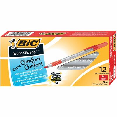 BIC Round Stic Grip Extra Comfort Red Ballpoint Pens, Medium Point (1.2 mm), 12-Count Pack, Excellent Writing Pens With Soft Grip for Superb Comfort and Control