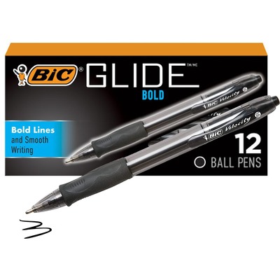 BIC Glide Bold Black Ballpoint Pens, Bold Point (1.6 mm), 12-Count Pack, Retractable Ballpoint Pens With Comfortable Full Grip