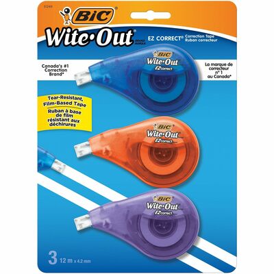 BIC Wite-Out Brand EZ Correct Correction Tape, 11.9 Metres, 3-Count Pack of white Correction Tape, Fast, Clean and Easy to Use Tear-Resistant Tape Office or School Supplies