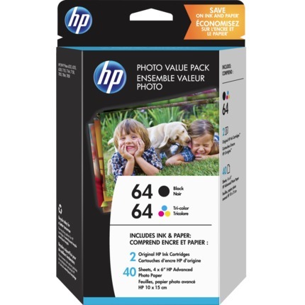 HP 64 Ink Cartridge/Paper Kit - Black, Tri-color - Inkjet - 200 Pages Black, 165 Pages Tri-color
