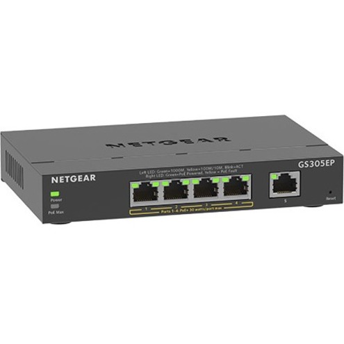 NETGEAR GS305EP-100NAS  5-Port 10/100/1000 Mbps Gigabit Ethernet SOHO Smart Managed Plus PoE Switch with 4-Port PoE+ - 5 Ports - Manageable - 2 Layer Supported - 63 W PoE Budget - Twisted Pair - PoE Ports - Desktop, Wall Mountable - 5 Year Limited Warranty