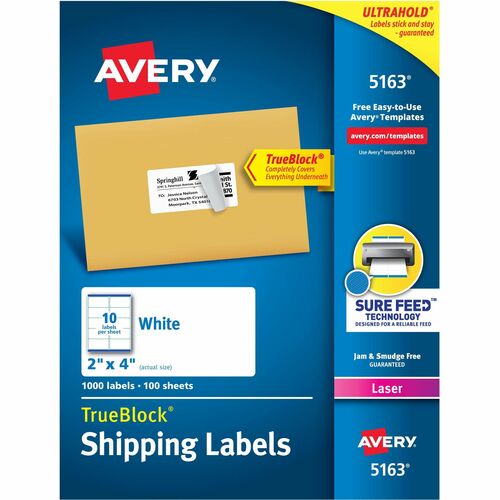 Avery® Shipping Labels, Sure Feed, 2" x 4" 1,000 White Labels (5163) - 2" Width x 4" Length - Permanent Adhesive - Rectangle - Laser - White - Paper - 10 / Sheet - 100 Total Sheets - 1000 Total Label(s) - 1000 / Box - Permanent Adhesive, Jam Resistant