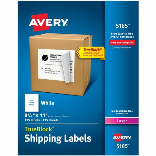 Avery® Shipping Labels, TrueBlock® Technology, Permanent Adhesive, 8-1/2" x 11" , 100 Labels (5165) - Avery® Shipping Labels, Permanent Adhesive, 8-1/2" x 11" , 100 Labels (5165)