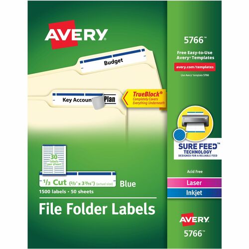 Avery® TrueBlock File Folder Labels - Permanent Adhesive - Rectangle - Laser, Inkjet - Blue - Paper - 30 / Sheet - 50 Total Sheets - 1500 Total Label(s) - 1500 / Box