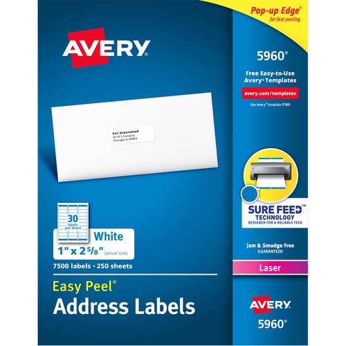 Avery® Easy Peel Address Labels - 1" Width x 2 5/8" Length - Permanent Adhesive - Rectangle - Laser - White - Paper - 30 / Sheet - 250 Total Sheets - 7500 Total Label(s) - 7500 / Box