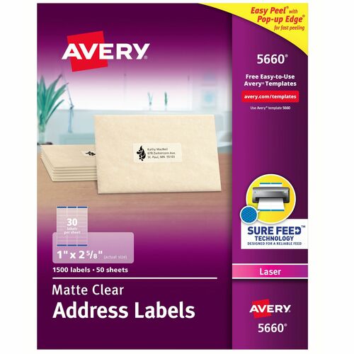 Avery® Easy Peel Return Address Labels - 1" Width x 2 5/8" Length - Permanent Adhesive - Rectangle - Laser - Clear - Film - 30 / Sheet - 50 Total Sheets - 1500 Total Label(s) - 1500 / Box