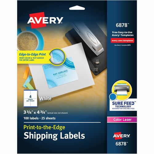 Avery® Shipping Labels, Sure Feed, 3-3/4" x 4-3/4" , 100 Labels (6878) - 3 3/4" Width x 4 3/4" Length - Permanent Adhesive - Rectangle - Laser - White - Paper - 4 / Sheet - 25 Total Sheets - 100 Total Label(s) - Print-to-the Edge, Permanent Adhesive, 