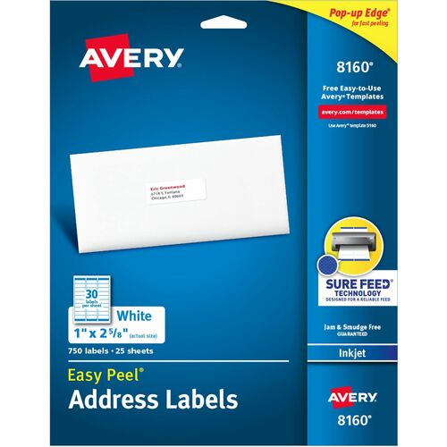 Avery® Easy Peel® Address Labels with Sure Feed™ Technology - 1" Width x 2 5/8" Length - Permanent Adhesive - Rectangle - Inkjet - White - Paper - 30 / Sheet - 25 Total Sheets - 750 Total Label(s) - 750 / Pack