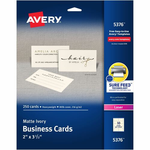 Avery 2" x 3.5" Ivory Business Cards, Sure Feed Technology, Laser, 250 Cards (5376) - 79 Brightness - A4 - 8 1/2" x 11" - 80 lb Basis Weight - 216 g/m² Grammage - Matte - 250 / Pack - Perforated, Heavyweight, Smooth Edge, Anti-jam, Double-sided, Prin