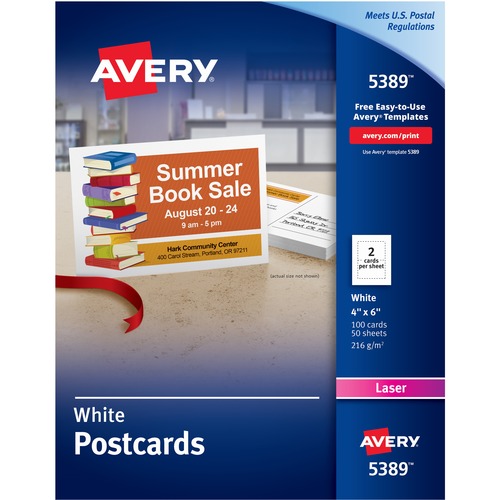 Avery® Sure Feed Postcards - 97 Brightness - 4" x 6" - 100 / Box - Perforated, Heavyweight, Rounded Corner, Uncoated, Smudge-free - White