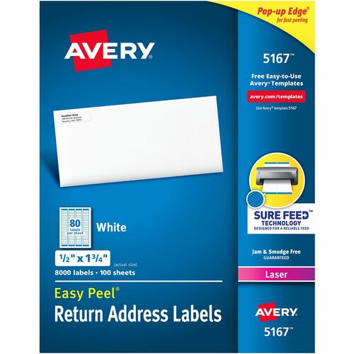 Avery® Easy Peel® Return Address Labels with Sure Feed™ Technology - 1/2" Width x 1 3/4" Length - Permanent Adhesive - Rectangle - Laser - White - Paper - 80 / Sheet - 100 Total Sheets - 8000 Total Label(s) - 8000 / Box