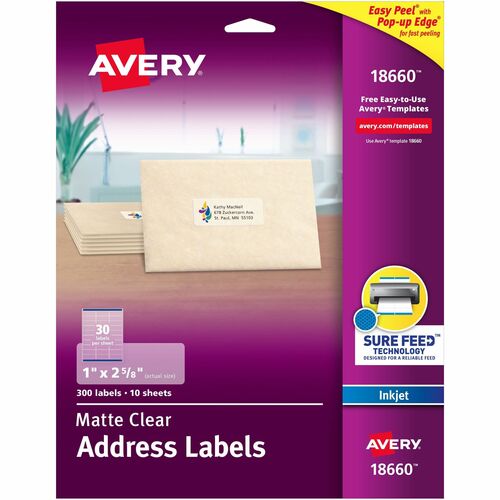 Avery® Matte Clear Address Labels - Sure Feed Technology - 1" Width x 2 5/8" Length - Permanent Adhesive - Rectangle - Inkjet - Clear - Film - 30 / Sheet - 10 Total Sheets - 300 Total Label(s) - 300 / Pack