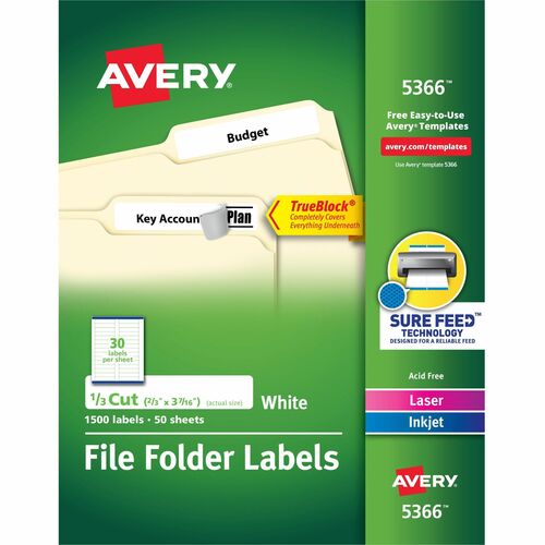 Avery® TrueBlock File Folder Labels - Permanent Adhesive - Rectangle - Laser, Inkjet - White - Paper - 30 / Sheet - 50 Total Sheets - 1500 Total Label(s) - 1500 / Box
