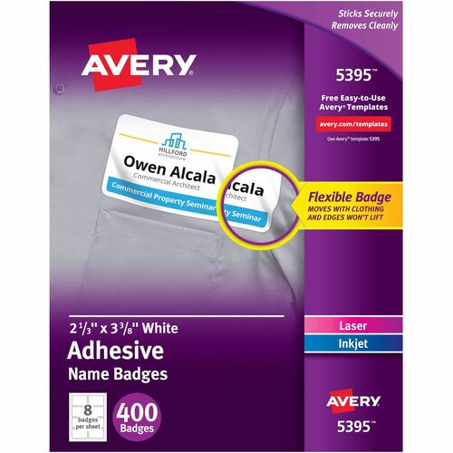 Avery® Adhesive Name Badges - 2 21/64" Width x 3 3/8" Length - Removable Adhesive - Rectangle - Laser, Inkjet - White - Film - 8 / Sheet - 50 Total Sheets - 400 Total Label(s) - 400 / Box