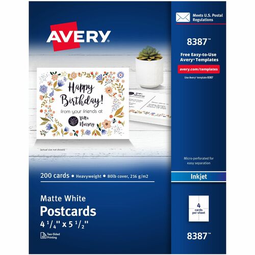 Avery® Postcards - 97 Brightness - 5 1/2" x 4 1/4" - Matte - 200 / Box - Perforated, Heavyweight, Rounded Corner, Smudge-free, Jam-free - White