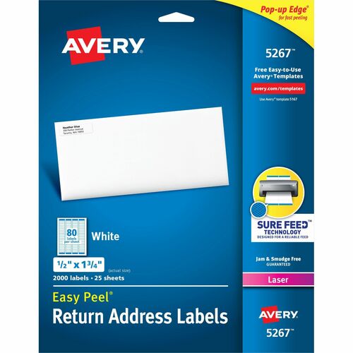 Avery® Easy Peel Mailing Laser Labels - 1/2" Width x 1 3/4" Length - Permanent Adhesive - Rectangle - Laser - White - Paper - 80 / Sheet - 25 Total Sheets - 2000 Total Label(s) - 5