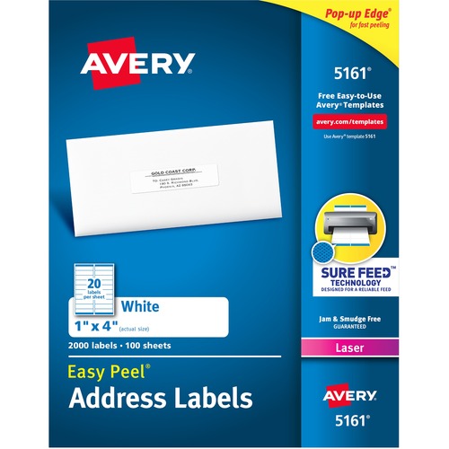 Avery® Easy Peel® Address Labels with Sure Feed™ Technology - 1" Width x 4" Length - Permanent Adhesive - Rectangle - Laser - White - Paper - 20 / Sheet - 100 Total Sheets - 2000 Total Label(s) - 2000 / Box