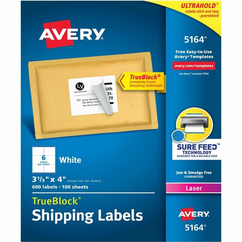 Avery® Shipping Labels, Sure Feed, 3-1/3" x 4" , 600 White Labels (5164) - 3 21/64" Width x 4" Length - Permanent Adhesive - Rectangle - Laser - White - Paper - 6 / Sheet - 100 Total Sheets - 600 Total Label(s) - 600 / Box - Permanent Adhesive, Jam Re