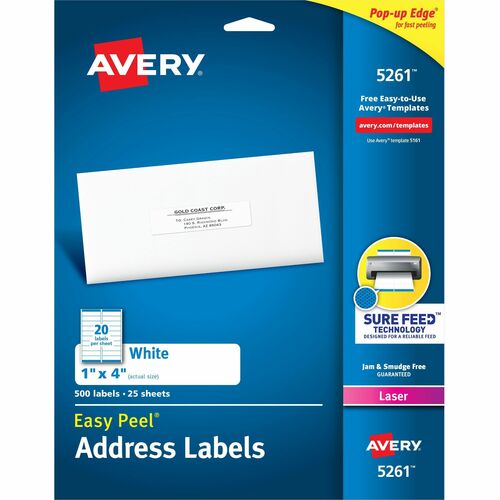 Avery® Easy Peel Address Labels - 1" Width x 4" Length - Permanent Adhesive - Rectangle - Laser - White - Paper - 20 / Sheet - 25 Total Sheets - 500 Total Label(s) - 5