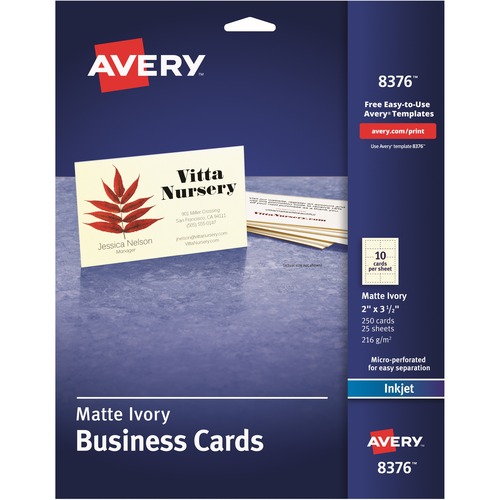 Avery® 2" x 3.5" Ivory Business Cards, Sure Feed(TM), 250 (8376) - 79 Brightness - A8 - 3 1/2" x 2" - 80 lb Basis Weight - Matte - 250 / Pack - Perforated, Heavyweight, Rounded Corner - Ivory