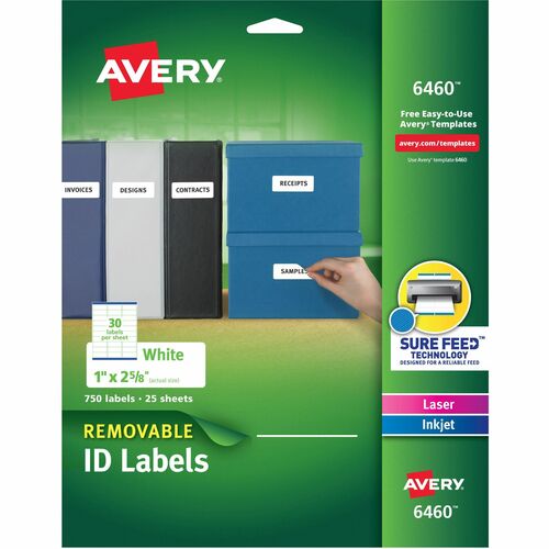 Avery® Removable I.D. Laser/Inkjet Labels - 1" Width x 2 5/8" Length - Removable Adhesive - Rectangle - Laser, Inkjet - White - Paper - 30 / Sheet - 25 Total Sheets - 750 Total Label(s) - 750 / Pack