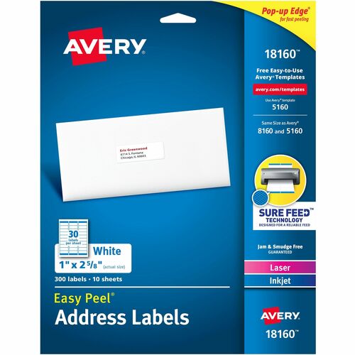 Avery® Easy Peel Address Labels - Sure Feed Technology - 1" Width x 2 5/8" Length - Permanent Adhesive - Rectangle - Laser, Inkjet - White - Paper - 30 / Sheet - 10 Total Sheets - 300 Total Label(s) - 300 / Pack