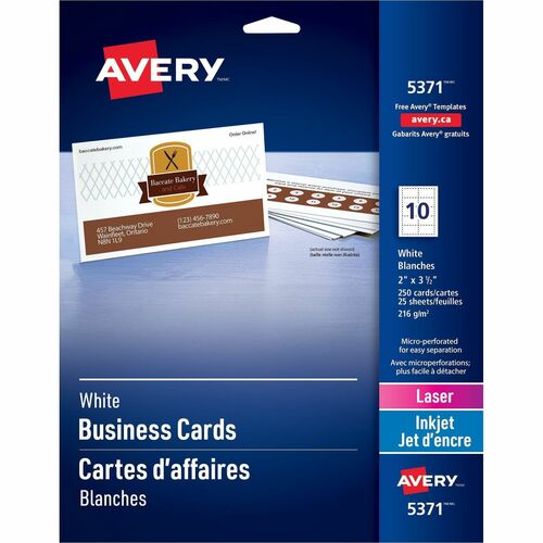 Avery® 2" x 3.5" Business Cards, Sure Feed(TM), Laser, 250 (5371) - 97 Brightness - A8 - 2" x 3 1/2" - 250 / Pack - Heavyweight, Perforated, Smooth Edge - White