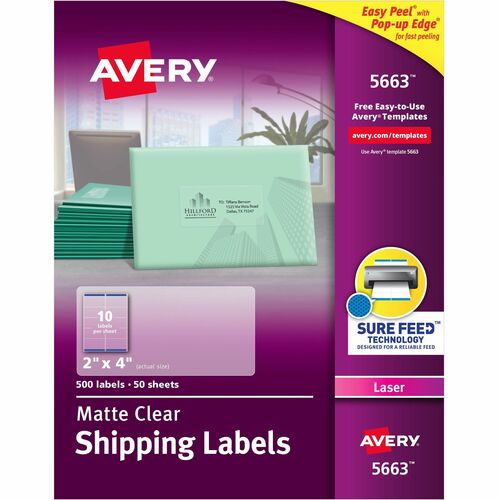 Avery® Clear Shipping Labels, Sure Feed, 2" x 4" , 500 Labels (5663) - 2" Width x 4" Length - Permanent Adhesive - Rectangle - Laser - Clear - Film - 10 / Sheet - 50 Total Sheets - 500 Total Label(s) - 500 / Box - Permanent Adhesive, Jam Resistant, Ea