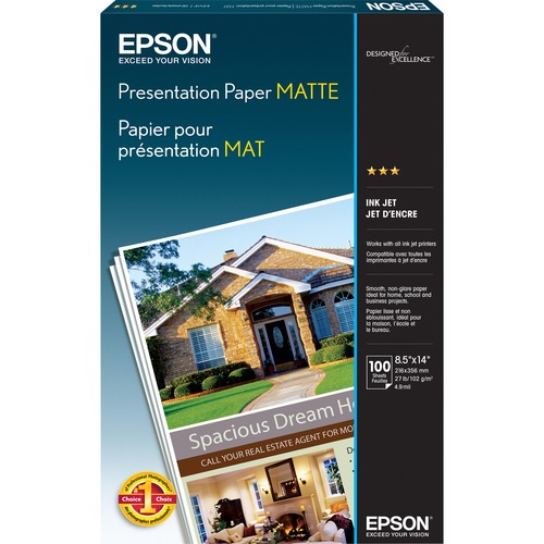 Epson Matte Presentation Paper - White - 90 Brightness - 90% Opacity - Legal - 8 1/2" x 14" - 27 lb Basis Weight - Matte - 100 / Pack - White