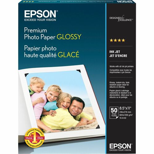 Epson Premium Photo Glossy InkJet Paper - 92 Brightness - 97% Opacity - Letter - 8 1/2" x 11" - 68 lb Basis Weight - High Gloss - 50 / Pack