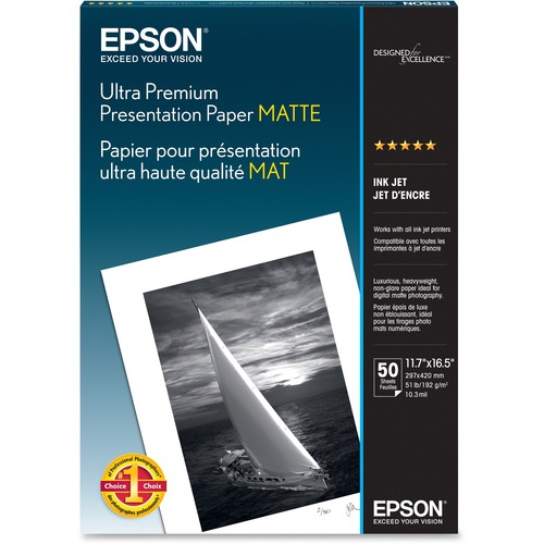 Epson Ultra Premium Matte Presentation Paper - 104 Brightness - 94% Opacity - A3 - 11 45/64" x 16 1/2" - Matte - 50 / Pack - White