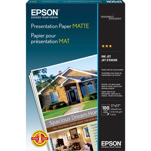 Epson Inkjet Presentation Paper - White - 90 Brightness - 90% Opacity - Ledger/Tabloid - 11" x 17" - 27 lb Basis Weight - Matte - 100 / Pack - Inkjet Paper - EPSS041070