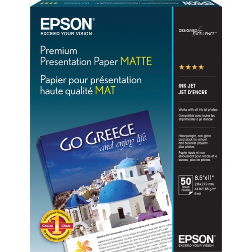 Epson Inkjet Presentation Paper - White - 97 Brightness - 94% Opacity - Letter - 8 1/2" x 11" - 44 lb Basis Weight - Matte - 50 / Box