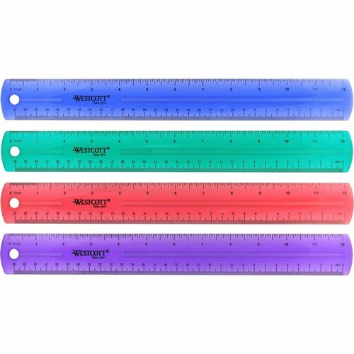 Westcott Transparent Jeweltone 12" Plastic Ruler - 12" Length 1" Width - 1/16 Graduations - Metric, Imperial Measuring System - Plastic - 1 Each - Assorted