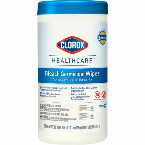 Clorox Healthcare Bleach Germicidal Wipes - Ready-To-Use Wipe6.75" Width x 9" Length - 70 / Canister - 1 Each - White