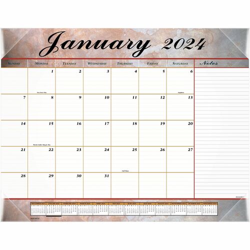 At-A-Glance Marbled Desk Pad - Standard Size - Monthly - 12 Month - January 2024 - December 2024 - 1 Month Single Page Layout - 21 3/4" x 17" White Sheet - 2.43" x 2.25" Block - Desk Pad - Rose, Gray, Burgundy - Poly, Paper - Bleed Resistant Paper, Ruled 