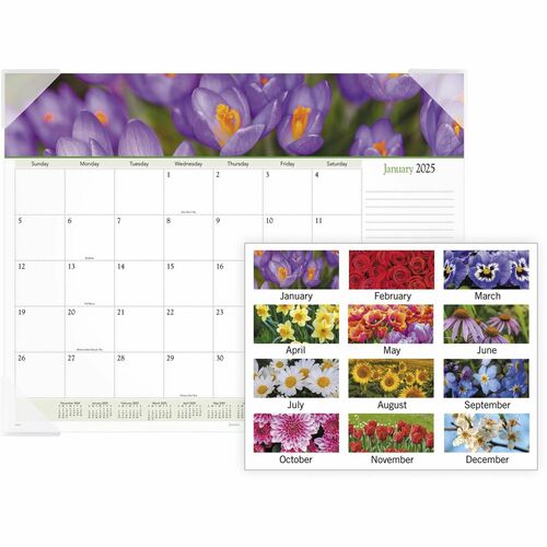 At-A-Glance Panoramic Floral Desk Pad - Standard Size - Monthly - 12 Month - January 2025 - December 2025 - 1 Month Single Page Layout - 21 3/4" x 17" White Sheet - 2.13" x 2.25" Block - Desk Pad - Poly, Paper - Bleed Resistant Paper, Unruled Daily Block,