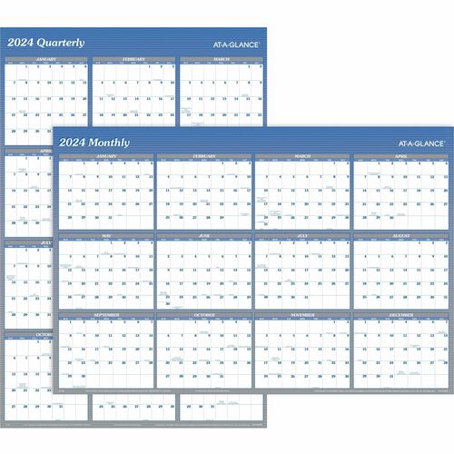 At-A-Glance Vertical Horizontal Reversible Erasable Wall Calendar - Extra Large Size - Yearly - 12 Month - January 2024 - December 2024 - 48" x 32" White Sheet - Blue - Laminate - Erasable, Reversible, Write on/Wipe off, Unruled Daily Block - 1 Pack