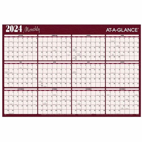 At-A-Glance Horizontal Reversible Erasable Wall Calendar - Extra Large Size - Yearly - 12 Month - January 2024 - December 2024 - 48" x 32" White Sheet - 1.63" x 1.50" Block - Burgundy - Laminate - Erasable, Laminated, Reversible, Write on/Wipe off, Unrule