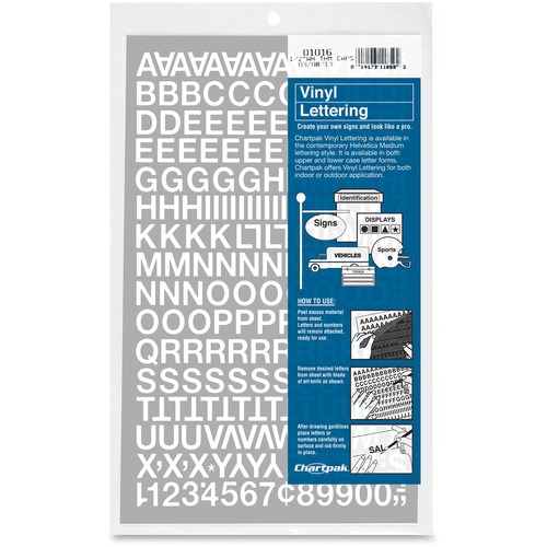 Chartpak Vinyl Helvetica Style Letters/Numbers - 12 x Numbers, 167 x Capital Letters Shape - Self-adhesive - Helvetica Style - Easy to Use - 0.50" Height - White - Vinyl - 1 / Pack