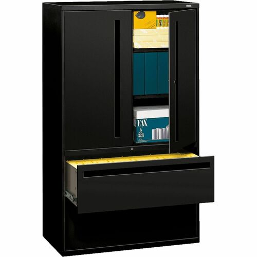 HON Brigade 700 Series Lateral File - 2-Drawer - 42" Width x 18" Depth x 64.3" Height - 2 x Shelf(ves) - 2 x Drawer(s) for File - 2 x Door(s) - A4, Legal, Letter - Lateral - Scratch Resistant, Interlocking - Black - Steel - Recycled