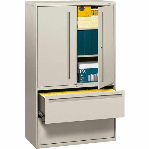 HON Brigade 700 Series Lateral File - 2-Drawer - 42" Width x 18" Depth x 64.3" Height - 2 x Shelf(ves) - 2 x Drawer(s) for File - 2 x Door(s) - A4, Legal, Letter - Lateral - Interlocking - Light Gray - Steel - Recycled