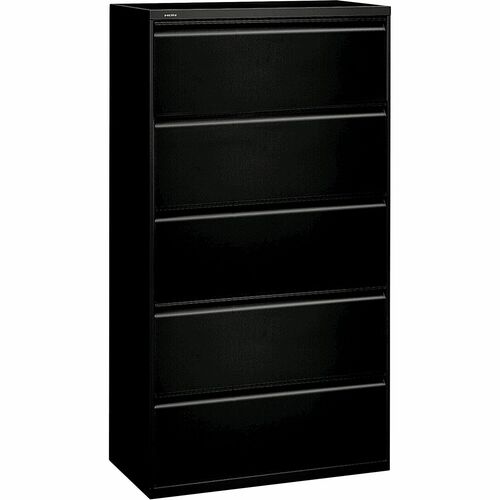HON 800 Series Lateral File - 5-Drawer - 36" x 19.3" x 67" - 2 x Shelf(ves) - 5 x Drawer(s) - Legal, Letter - Lateral - Security Lock - Black - Baked Enamel - Steel - Recycled