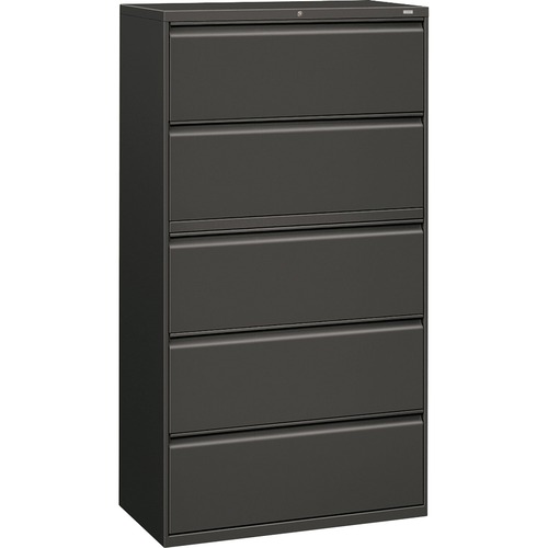 HON Brigade 800 Series 5-Drawer Lateral - 36" x 18" x 64.3" - 2 x Shelf(ves) - 5 x Drawer(s) for File - A4, Legal, Letter - Lateral - Interlocking, Durable, Leveling Glide, Recessed Handle, Ball-bearing Suspension - Charcoal - Baked Enamel - Steel - Recyc
