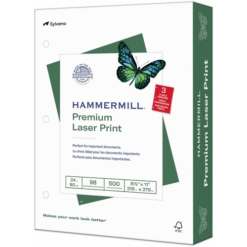 Hammermill Premium 3HP Laser Print Paper - White - 98 Brightness - Letter - 8 1/2" x 11" - 24 lb Basis Weight - Ultra Smooth - 500 / Ream - Sustainable Forestry Initiative (SFI) - White