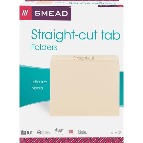 Smead Straight Tab Cut Letter Recycled Top Tab File Folder - 8 1/2" x 11" - 3/4" Expansion - Manila - 10% Recycled - 100 / Box