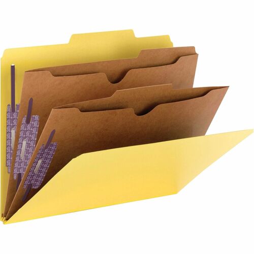 Smead Pocket Divider PressBoard Classification Folders - Letter - 8 1/2" x 11" Sheet Size - 2" Expansion - 2" Fastener Capacity for Folder - 2 Pocket(s) - 2/5 Tab Cut - Right of Center Tab Location - 2 Divider(s) - 25 pt. Folder Thickness - Yellow - Recyc