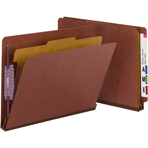 Smead 1/3 Tab Cut Letter Recycled Classification Folder - 8 1/2" x 11" - 2" Expansion - 2 x 2S Fastener(s) - 2" Fastener Capacity for Folder, 1" Fastener Capacity for Divider - End Tab Location - 1 Divider(s) - Pressboard - Red - 100% Recycled - 10 / Box